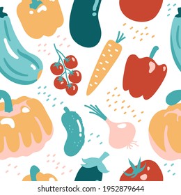 Seamless pattern with vegetables. Vegetarian healthy food vector texture. Vegan, farm, organic, detox