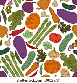 Seamless pattern with vegetables. Vegetarian menu. Eggplant, tomato, beets, peas, pepper, zucchini, radish, cucumber, broccoli, garlic, onions, carrots, okra, asparagus. Vector illustration.
