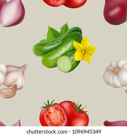 Seamless pattern with vegetables. Vegeterian food. Tomato, pumpkin, cabbage, potatoes onion broccoli carrot pepper and garlic. 3d realism vector illustration.