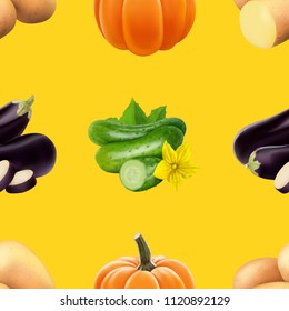 Seamless pattern with vegetables. Vegeterian food. Tomato, pumpkin, cabbage, potatoes onion broccoli carrot pepper and garlic. 3d realism vector illustration.
