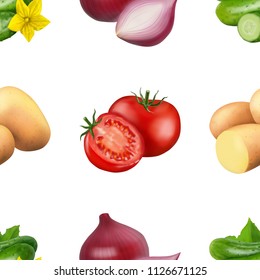 Seamless pattern with vegetables. Vegeterian food isolated on white background. Tomato, pumpkin, cabbage, potatoes onion broccoli carrot pepper and garlic. 3d realism vector illustration.