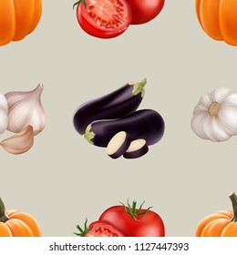 Seamless pattern with vegetables. Vegeterian food. Tomato, pumpkin, cabbage, potatoes onion broccoli carrot pepper and garlic. 3d realism vector illustration.