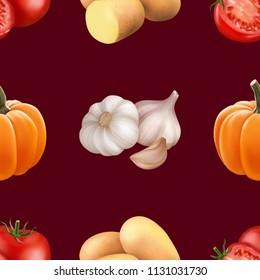 Seamless pattern with vegetables. Vegeterian food. Tomato, pumpkin, cabbage, potatoes onion broccoli carrot pepper and garlic. 3d realism vector illustration.