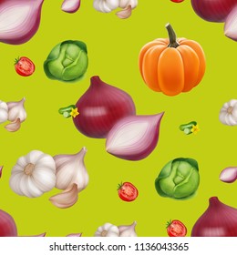 Seamless pattern with vegetables. Vegeterian food. Tomato, pumpkin, cabbage, potatoes onion broccoli carrot pepper and garlic. 3d realism vector illustration.