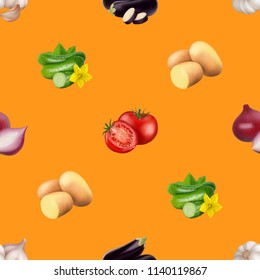 Seamless pattern with vegetables. Vegeterian food. Tomato, pumpkin, cabbage, potatoes onion broccoli carrot pepper and garlic. 3d realism vector illustration.