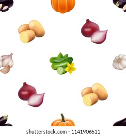 Seamless pattern with vegetables. Vegeterian food isolated on white background. Tomato, pumpkin, cabbage, potatoes onion broccoli carrot pepper and garlic. 3d realism vector illustration.