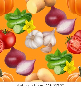 Seamless pattern with vegetables. Vegeterian food. Tomato, pumpkin, cabbage, potatoes onion broccoli carrot pepper and garlic. 3d realism vector illustration.