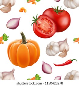 Seamless pattern with vegetables. Vegeterian food isolated on white background. Tomato, pumpkin, cabbage, potatoes onion broccoli carrot pepper and garlic. 3d realism vector illustration.