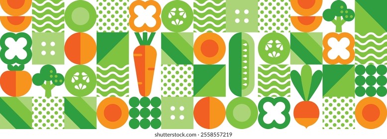 Seamless pattern with vegetables.Organic food abstract geometric background.Set of simple icons in flat style.Carrot, cucumber, tomato, pepper, broccoli, radish.Isolated elements.Vector illustration.