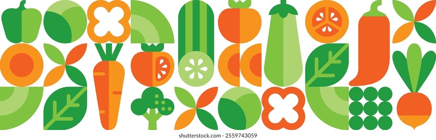 Seamless pattern with vegetables.Organic food, eco, bio.Set of simple icons in flat style.Abstract geometric modern background.Vector illustration.Carrots, tomatoes, cabbage, radishes.