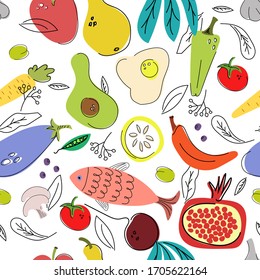 
Seamless pattern of vegetarian diet food, healthy lifestyle. Vector eggplant, carrots, peppers, apples, champignon mushrooms, fish, pears, tomatoes, beets, lemon, pomegranate. Vegetables and fruits.