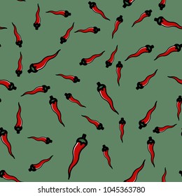 seamless pattern with vegetarian food - red hot chilli peppers isolated on background for printing, sauce sign or label, surface textures, restaurant menu or kitchen, chips or snacks packages