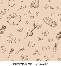 Seamless pattern vegetarian food. Vector hand drawings of vegetables and fruits on a beige background.