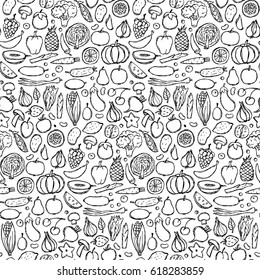 Seamless pattern of vegetarian hand drawn doodle food elements. Vector illustration for backgrounds, web design, design elements, textile prints, covers, posters, menu