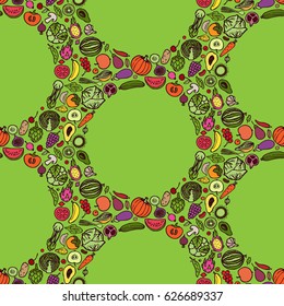 Seamless pattern from vegetarian hand drawn doodle food elements isolated on green. Vector wallpaper for backgrounds, web design, textile prints, menu.