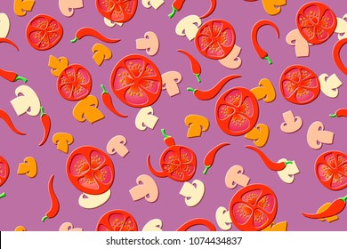 Seamless pattern of the vegetarian pizza on the spring crocus background