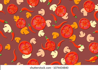 Seamless pattern of the vegetarian pizza on the chili oil background