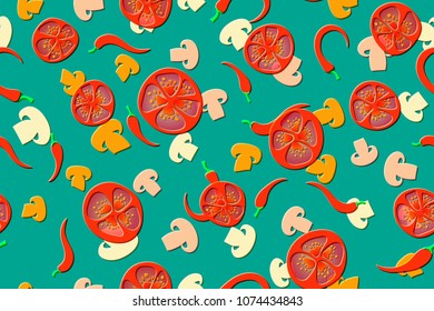 Seamless pattern of the vegetarian pizza on the arcadia background