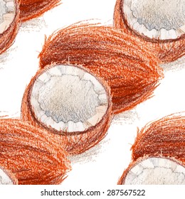 Seamless pattern with vegetarian theme. Color pencils illustration - ripe plum. Sliced fruit with seeds.