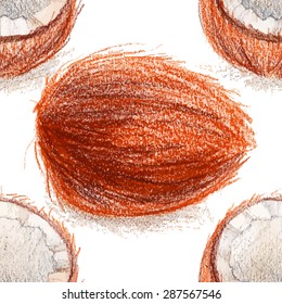 Seamless pattern with vegetarian theme. Color pencils illustration - ripe plum. Sliced fruit with seeds.