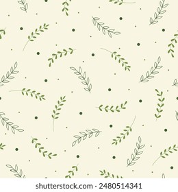 Seamless pattern with vegetation, branches with leaves in olive, soft green. Vector
