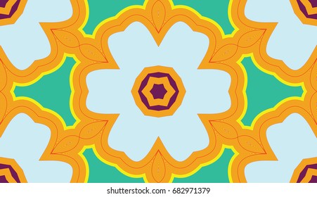 Seamless pattern. Vegetative-floral motive. Cellular honeycomb structure. Yellow, green, brown,       blue, red.