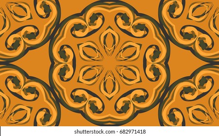 Seamless pattern. Vegetative-floral motive. Cellular honeycomb structure. Orange background. Yellow, gray-green tones.