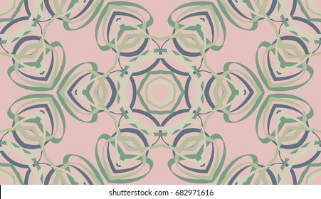 Seamless pattern. Vegetative-floral motive. Cellular honeycomb structure. Pink background. gray-green tones.