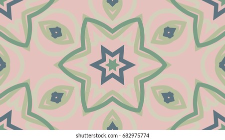 Seamless pattern. Vegetative-floral motive. Cellular honeycomb structure. Green tones and pink background.