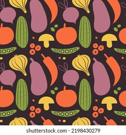 Seamless pattern with veggies in flat style. Vector background with illustration of vegetables, eggplant, chili, garlic, cucumber, beet, mushroom for wallpaper, wrapping paper, textile.