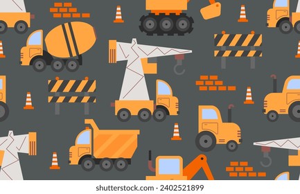 Seamless pattern. Vehicle construction and equipment used in construction. Different types of construction trucks. Special equipment. Road repair