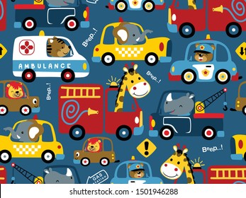 seamless pattern of vehicles cartoon with funny drivers