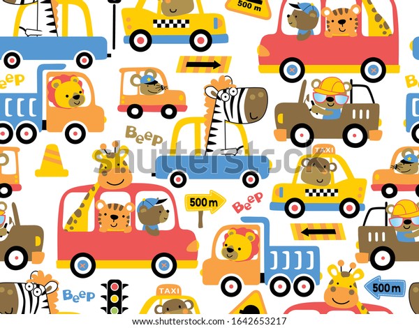 seamless\
pattern of vehicles cartoon with funny\
animals