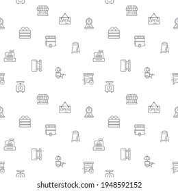 Seamless Pattern With Vendor And Store Icon On White Background. Included The Icons As Shop, Sign Board, Shopping, Street Food, Vendor Booth, Food Cart, Market And Other Elements