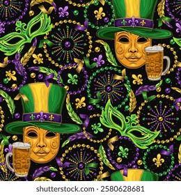 Seamless pattern with venetian golden mask in green tall hat, scattered fleur de lis, strings of beads, confetti. Mardi Gras carnival design. Vintage illustration for holiday, party design