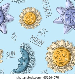Seamless pattern with venetian sun and moon