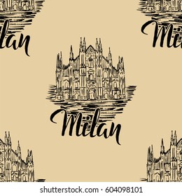 Seamless pattern, Venice label with Milan label with hand drawn Milan Cathedral on beige background