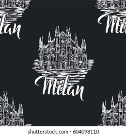 Seamless pattern, Venice label with Milan label with hand drawn Milan Cathedral on dark gray background