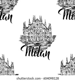 Seamless pattern, Venice label with Milan label with hand drawn Milan Cathedral