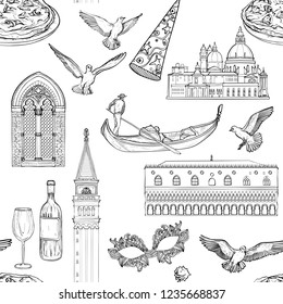 Seamless pattern with Venice landmarks, Black and white tourist attractions background. Vector illustration.