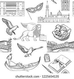 Seamless pattern with Venice landmarks and tourist attractions set. Black and white