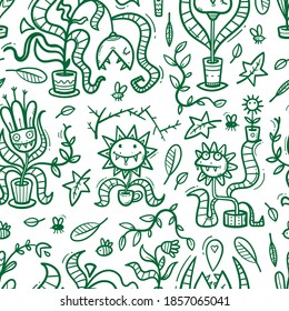 Seamless pattern  and Venus flytraps white background  Monsters plants print  Comic drawing  predatory flowers  Vector doodle wallpaper 