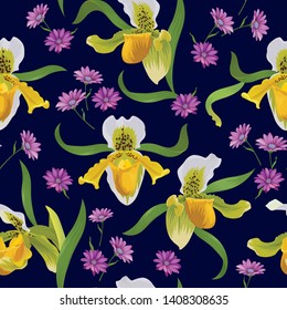 Seamless pattern of Venus slipper orchid flower on background. Vector set of exotic tropical garden for holiday invitations, wedding, greeting card and fashion design.