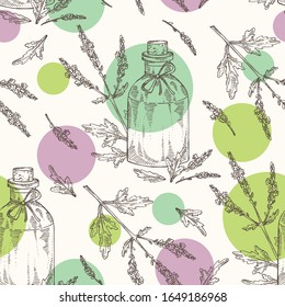 Seamless pattern with verbena flowering branch , leaves and bottle of verbena essential oil. Cosmetic, perfumery and medical plant. Vector hand drawn illustration.