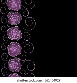 Seamless pattern with vertical abstract purple and neutral stylized roses with copy space (place for your text). Vector illustration.