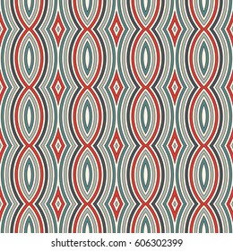 Seamless pattern with vertical braid ornament. Retro colors stripes surface background. Symmetric geometric motif. Modern style abstract wallpaper. Digital paper, textile print, page fill. Vector art