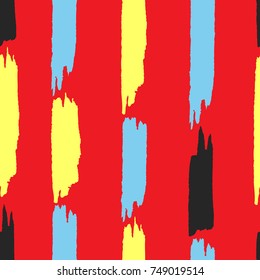 Seamless pattern with vertical brush strokes. Grunge, watercolor, sketch. Red, yellow, blue, black color. Vector illustration.