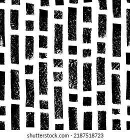 Seamless pattern with vertical charcoal straight lines. Parallel vertical bold dashes and square dots. Black paint dry brushstrokes. Abstract vector background in tribal style. Monochrome ornament. 