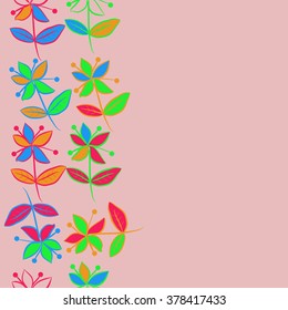 Seamless   pattern of vertical floral  motif, doodles,spots,branches, leaves, flowers, spots, copy space. Hand drawn.