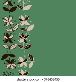 Seamless   pattern of vertical floral  motif, doodles,spots,branches, leaves, flowers, spots, copy space. Hand drawn.
